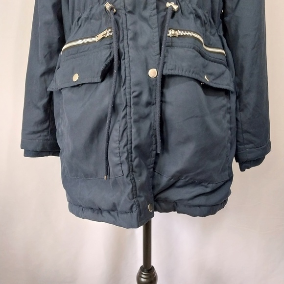 Tiffosi Navy Blue Hooded White Faux Fur Zip Up Button Down Long Sleeve Jacket M - Picture 4 of 15